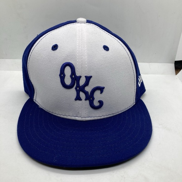 OKC Oklahoma City Hat Cap White Blue Fitted Size 7 3/8 Embroidered Logo Canvas - Picture 1 of 9